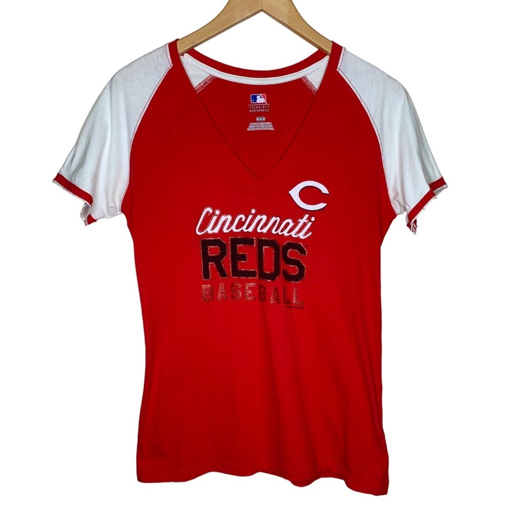 Cincinnati Reds Baseball Tee Shirt Red White V-Neck Top Fitted Women's Size Med